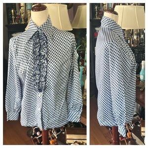Vintage 1970s Blue & White Plaid Ruffled Blouse
